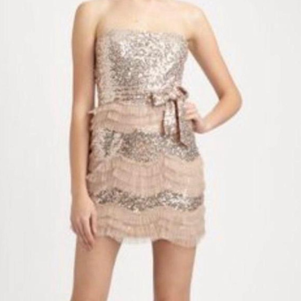 Badgley Mischka NWT rose gold blush Strapless Sequin Ruffle belted mini Dress 8